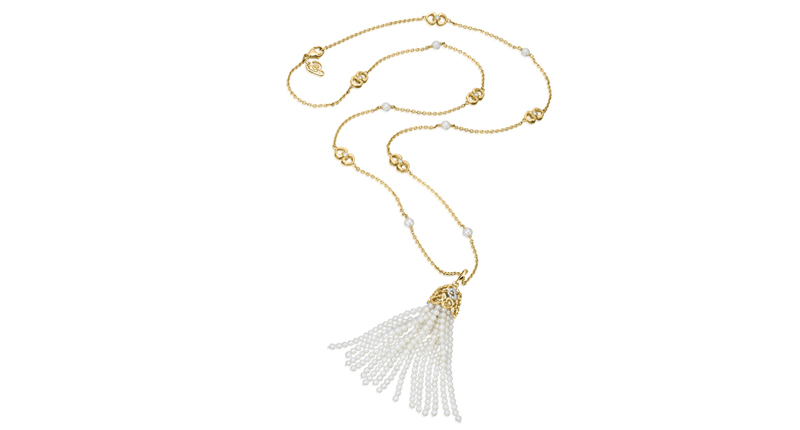 <p><a href="http://www.gumuchian.com" target="_blank" rel="noopener">Gumuchian</a> 18-karat yellow gold “Tiny Hearts” pearl tassel necklace with diamonds ($8,000) </p>