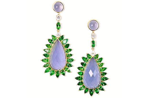 <span style="font-size: 11pt;">These earrings are 18-karat gold with blue
        chalcedony framed in tsavorites and diamonds ($21,000).</span> <span style="font-size: 11pt;">These earrings are 18-karat gold with blue
        chalcedony framed in tsavorites and diamonds ($21,000).</span>