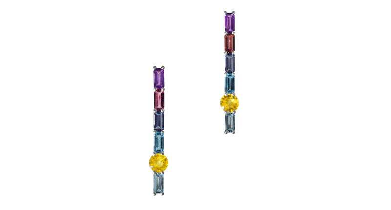 “Morning” long earrings in 18-karat white gold with multi-colored sapphires ($5,332)