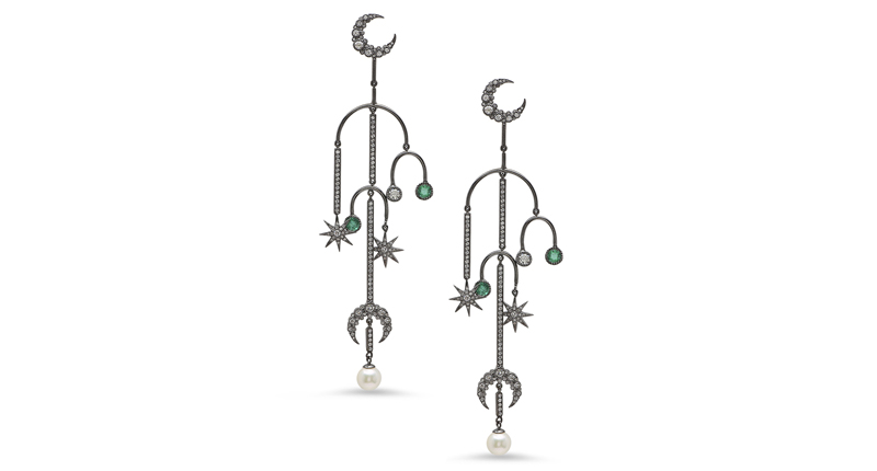 Colette black rhodium-plated 18-karat white gold earrings with emeralds, diamonds and pearls ($8,000)