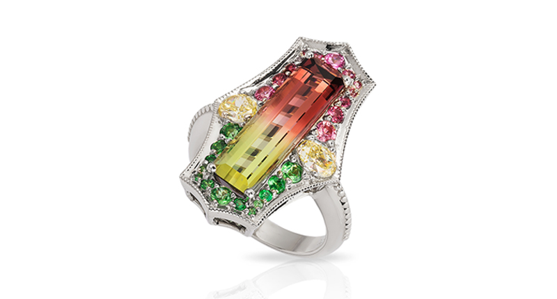 <strong>Best Use of Color</strong><br />Derek Katzenbach of Katzenbach Designs for this 14-karat white gold ring featuring a 4.97-carat bicolored tourmaline accented with tsavorite garnets, tourmalines and diamonds