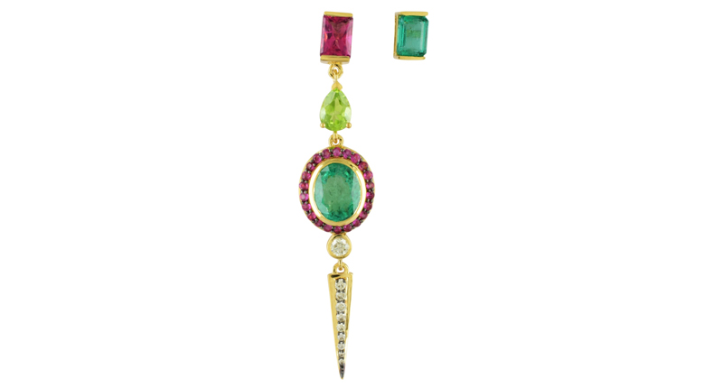 Holly Dyment’s “Go Lightly” mismatched 18-karat yellow gold earrings feature one earrings set with Gemfields Mozambican rubies, pink sapphire, diamond, pink tourmaline and peridot paired with a ruby stud ($2,520).