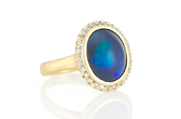This Pamela Huizenga ring features a black opal with white diamond melee, set in 18-karat gold ($8,050). This Pamela Huizenga ring features a black opal with white diamond melee, set in 18-karat gold ($8,050).