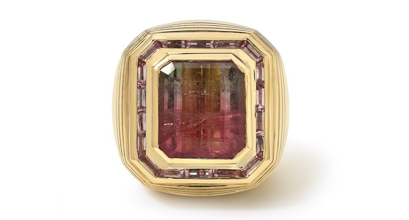 <a href="https://www.retrouvai.com" target="_blank" rel="noopener">Retrouvaí</a> Supermom ring in 14-karat yellow gold with bicolor tourmaline with lotus garnet halo ($10,400)
