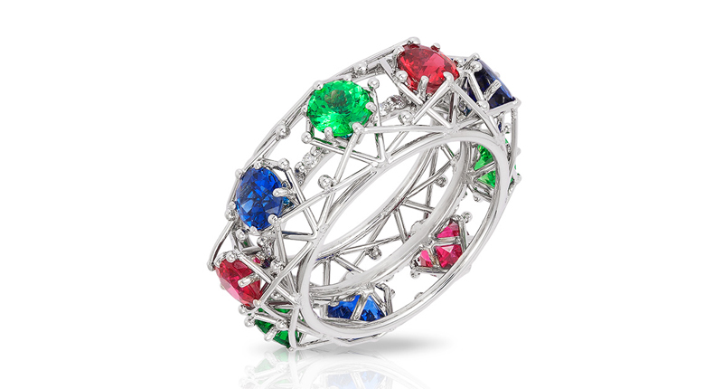 <strong>Best Use of Platinum and Color</strong><br />Kathy Kinev of Jewel Creations Inc. for this platinum “St. Chapelle” ring featuring rubies, sapphires, tsavorite garnets and blue and white diamonds