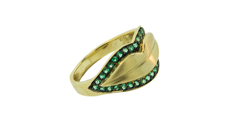 A Silvia Furmanovich lips ring with Gemfields Zambian emeralds and 18-karat yellow gold ($1,200)