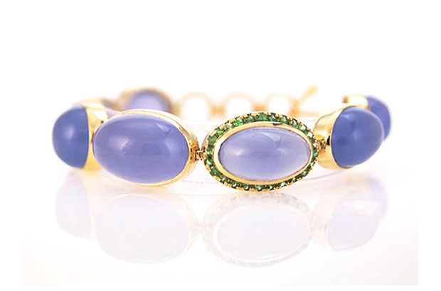 This blue chalcedony bracelet features tsavorite pavé and is made in 18-karat gold ($11,200). This blue chalcedony bracelet features tsavorite pavé and is made in 18-karat gold ($11,200).