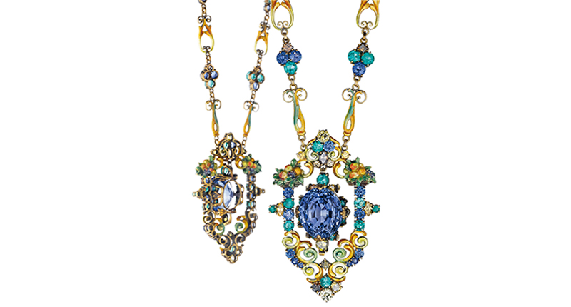 This pendant necklace by Louis Comfort Tiffany features an articulated oval-cut sapphire with circular-cut emerald and yellow-brown diamond accents and set within a decorative frame of circular-cut sapphires, emeralds, colored diamonds and enamel. It could sell for as much as $70,000.