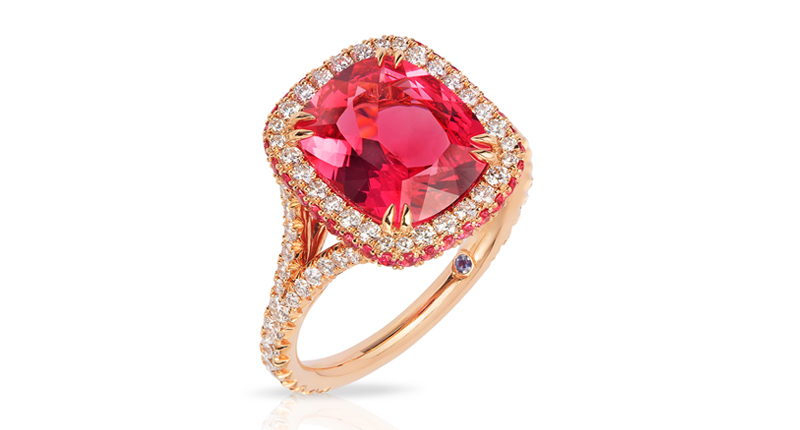 <strong>Classical</strong><br />Niveet Nagpal of Omi Gems won first place in Classical with this 18-karat rose gold ring featuring a 4.01-carat cushion-cut pink spinel accented with spinel and diamond melee and a 0.01-carat alexandrite.