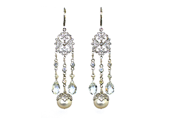 These chandelier earrings by Melissa Lawton are set with white topaz briolettes, Akoya keshi pearls and 12 mm crowned pearls in rhodium-plated sterling silver with cubic zirconia accents ($320). <a target="_blank" href="http://www.melindalawton.com/"><span style="color: #ff0000;">melindalawton.com</span></a> These chandelier earrings by Melissa Lawton are set with white topaz briolettes, Akoya keshi pearls and 12 mm crowned pearls in rhodium-plated sterling silver with cubic zirconia accents ($320). <a target="_blank" href="http://www.melindalawton.com/"><span style="color: #ff0000;">melindalawton.com</span></a>