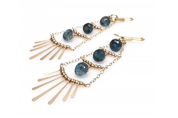Elizabeth Crandall’s “Mini Simone” earrings, handcrafted in 14-karat yellow gold with 14-karat fringe and London blue topaz ($725) <a href="http://www.elizabethcrandall.com/" target="_blank"><span style="color: rgb(255, 0, 0);">elizabethcrandall.com</span></a> Elizabeth Crandall’s “Mini Simone” earrings, handcrafted in 14-karat yellow gold with 14-karat fringe and London blue topaz ($725) <a href="http://www.elizabethcrandall.com/" target="_blank"><span style="color: rgb(255, 0, 0);">elizabethcrandall.com</span></a>