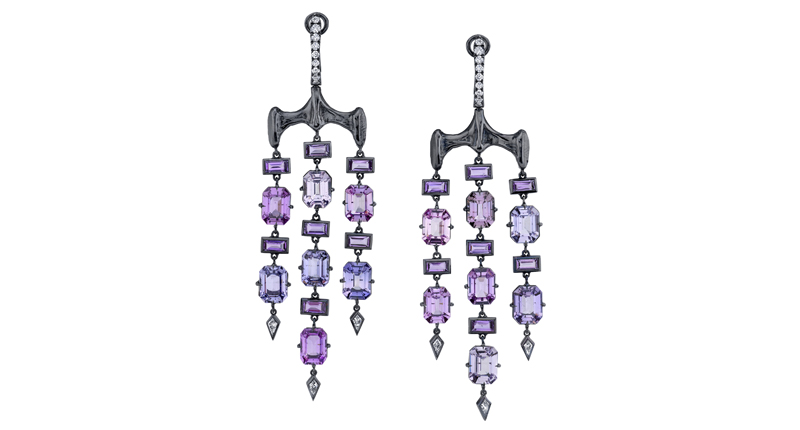 Vram one-of-a-kind “Chrona” earrings in black rhodium-plated 18-karat white gold with purple and lavender sapphires and diamonds ($52,000)