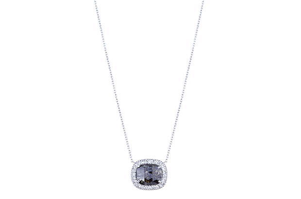 Sethi Couture’s rose-cut opaque gray diamond necklace with a white diamond melee border in 18-karat white gold ($1,870)<br />
<a href="http://www.sethicouture.com" target="_blank"><span style="color: #ff0000;">SethiCouture.com</span></a>