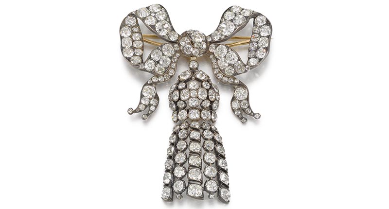 This mid-19th century diamond bow brooch or pendant is estimated to sell for between $32,100 and $45,000 at Sotheby’s in September. This mid-19th century diamond bow brooch or pendant is estimated to sell for between $32,100 and $45,000 at Sotheby’s in September.