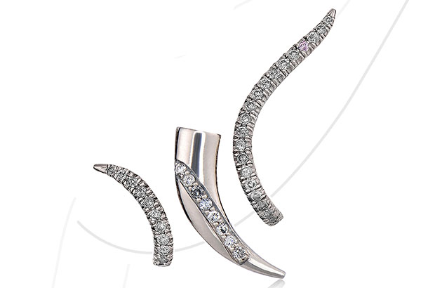 The Horns earring jacket and stud set from David Alan Jewelry’s Signature collection is set with pave gray diamonds and made in 18-karat palladium-white gold ($2,400).<br />
<a href="http://www.davidalansignature.com" target="_blank"><span style="color: #ff0000;">DavidAlanSignature.com</span></a>