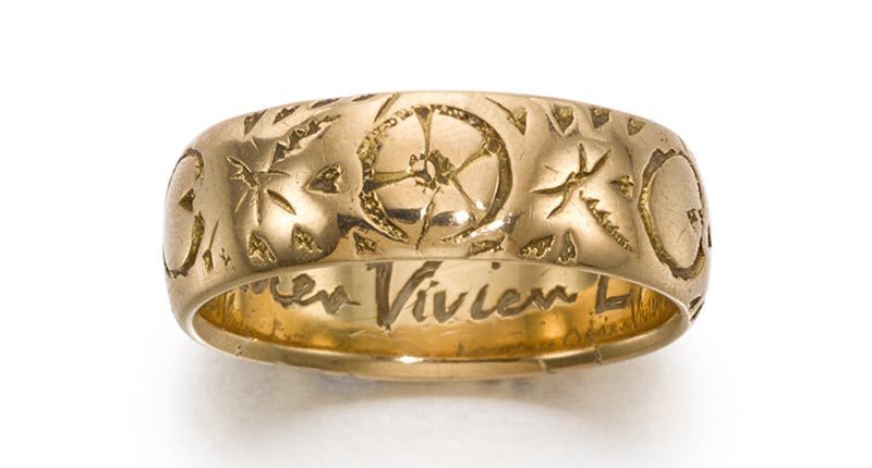 This ring was given to actress Vivien Leigh by her husband of 20 years, the actor Laurence Olivier. It features an inscription that says “Laurence Olivier Vivien Eternally.” This ring was given to actress Vivien Leigh by her husband of 20 years, the actor Laurence Olivier. It features an inscription that says “Laurence Olivier Vivien Eternally.”