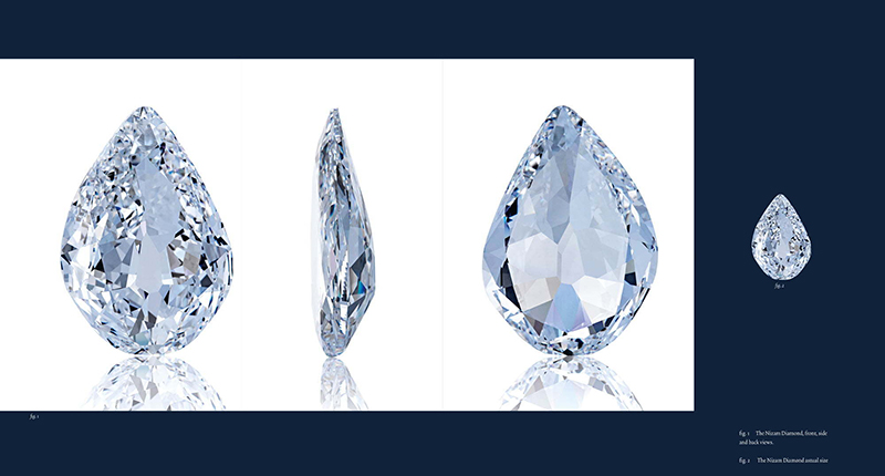 A page from “Diamonds Across Time.” The images on white background show the famous Nizam Diamond from front, side and back views, while the figure to the right shows the stone’s actual size. A page from “Diamonds Across Time.” The images on white background show the famous Nizam Diamond from front, side and back views, while the figure to the right shows the stone’s actual size.