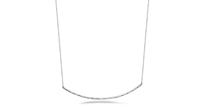 The Sunrise Bar necklace features a curved, platinum bar floating in the center, connected by a platinum chain that can be adjusted in length from choker to 18 inches ($650) The Sunrise Bar necklace features a curved, platinum bar floating in the center, connected by a platinum chain that can be adjusted in length from choker to 18 inches ($650)