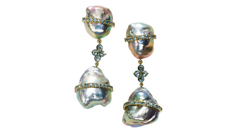 <p><a href="http://www.rushjewelrydesign.com" target="_blank" rel="noopener">Rush Jewelry Design</a> Baroque pearl drop earrings with sapphires set in 18-karat yellow gold ($9,000) </p>