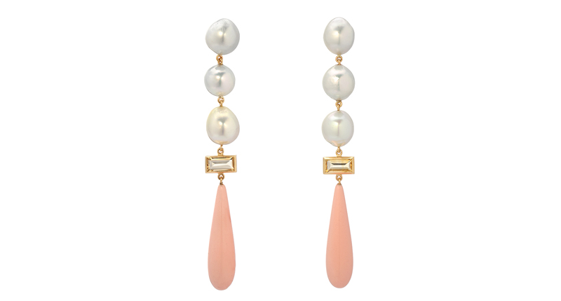 South Sea Pearl Gypsy earrings in 14-karat yellow gold with South Sea pearls, diamonds, citrine and coral ($1,425) South Sea Pearl Gypsy earrings in 14-karat yellow gold with South Sea pearls, diamonds, citrine and coral ($1,425)