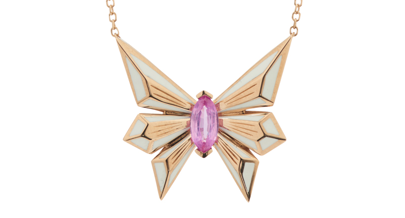 A pendant like this 18-karat rose gold, pink sapphire and white enamel one is priced at the lower end of the collection at $1,750.  A pendant like this 18-karat rose gold, pink sapphire and white enamel one is priced at the lower end of the collection at $1,750.