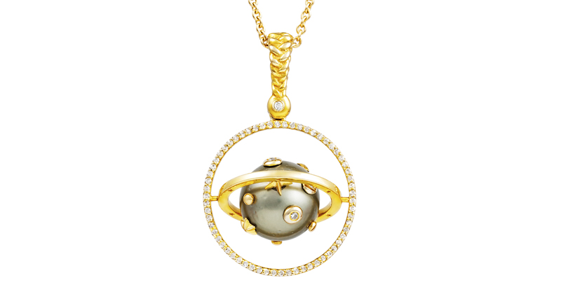 <p><a href="http://www.vincentpeach.com" target="_blank" rel="noopener">Vincent Peach</a> 14-karat gold “Armillary” Tahitian pearl pendant ($4,650) </p>