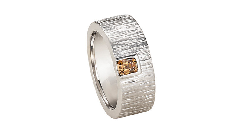 <a href="https://sandyleongjewelry.com/" target="_blank" rel="noopener">Sandy Leong</a> 18-karat recycled white gold “Commitment” band with a champagne diamond ($4,800)