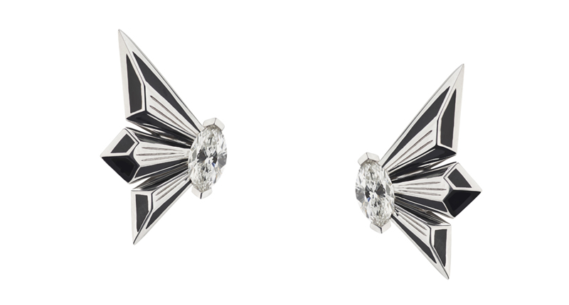 These 18-karat white gold and diamond earrings with black enamel retail for $4,500 at Neiman Marcus. These 18-karat white gold and diamond earrings with black enamel retail for $4,500 at Neiman Marcus.