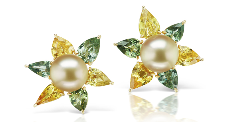 <p><a href="http://www.assael.com" target="_blank" rel="noopener">Assael</a> Golden South Sea cultured pearl earrings with 12 pear-shaped “petals” of natural green and gold sapphire set in 18-karat green gold ($54,700) </p>