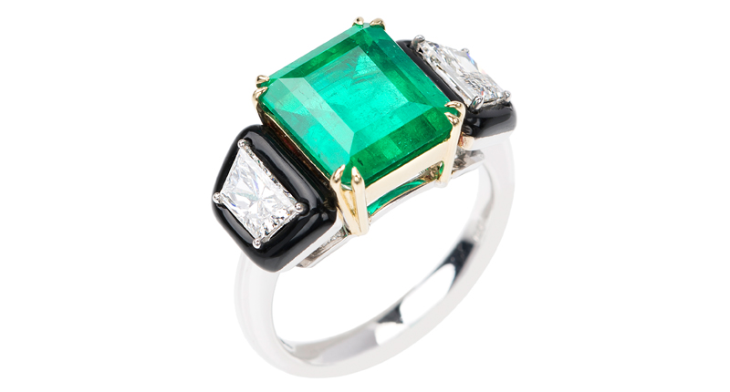 <strong>May: Emerald.</strong> Nikos Koulis’s 18-karat gold ring from the “Oui” Collection features an emerald flanked by white diamonds in black enamel (approximately $29,900).