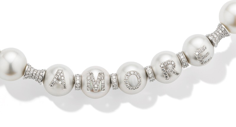 <p>A close-up of the “Amore” pearl necklace</p>
