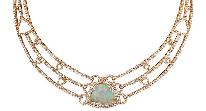 Le Vian Couture 18-karat rose gold necklace with a 9.85-carat opal and 15.51 carats of brown and white diamonds ($51,997) <br /><a href="http://www.levian.com" target="_blank" rel="noopener noreferrer">www.levian.com</a>