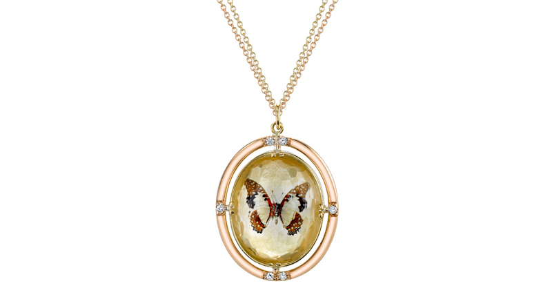 This oval double-sided butterfly Spencer Portrait pendant features six diamonds on each side and is made in 18-karat yellow and rose gold, with hand painted 24-karat gold inside ($5,000). This oval double-sided butterfly Spencer Portrait pendant features six diamonds on each side and is made in 18-karat yellow and rose gold, with hand painted 24-karat gold inside ($5,000).