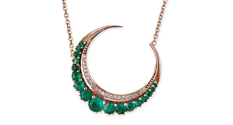 <a href="http://www.jacquieaiche.com" target="_blank" rel="noopener noreferrer">Jacquie Aiche</a> emerald crescent moon necklace with pave diamonds set in 14-karat yellow gold ($7,750)