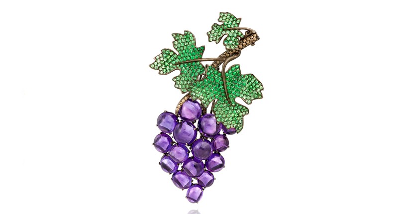 <p><a href="https://www.lydiacourteille.com" target="_blank" rel="noopener">Lydia Courteille</a> “Vendanges Tardives” 18-karat gold brooch with amethyst, tsavorite, and brown diamonds (price available upon request) </p>