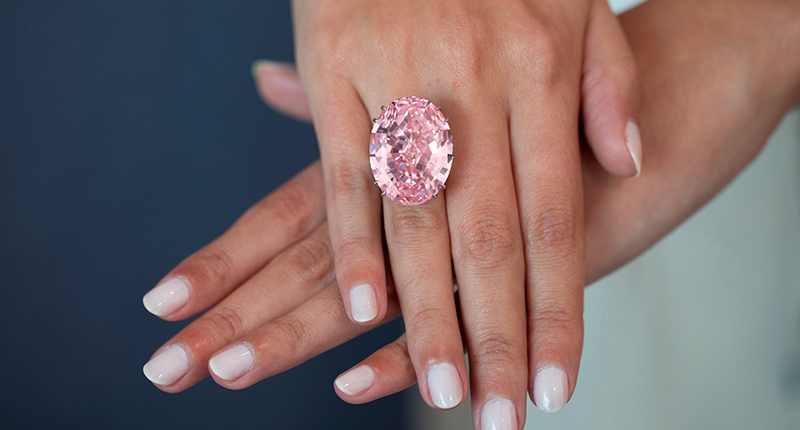 “The CTF Pink” is now the most expensive jewel to be purchased at auction. Chow Tai Fook bought the 59.60-carat oval mixed-cut Type IIa pink diamond for $71.2 million at Sotheby’s in April. It was the auction house’s top lot in 2017. 