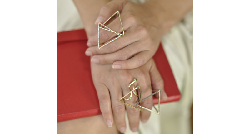 Open triangle rings and bracelets are a Perez Bitan signature that the designer fabricates by hand.  Open triangle rings and bracelets are a Perez Bitan signature that the designer fabricates by hand.