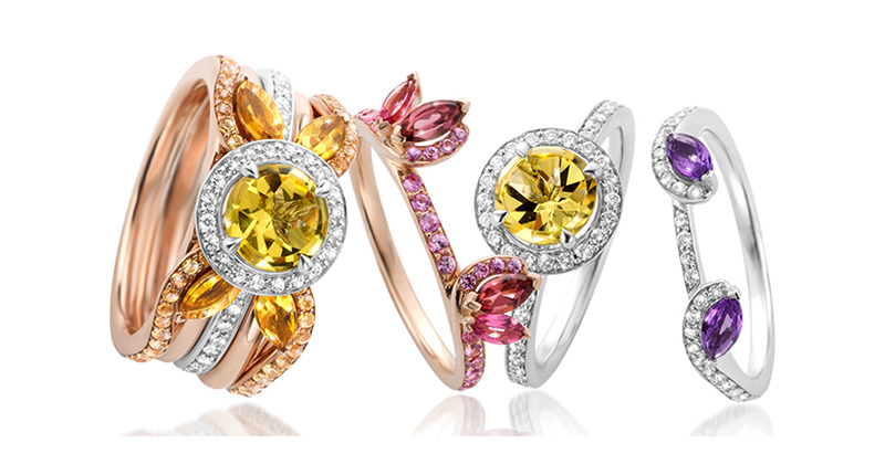 <b>Stacking on the love.</b> Here are Laurence Bruyninckx’s 18-karat white and rose gold rings with orange citrine, orange sapphire, golden beryl, pink tourmaline, pink sapphire, amethyst and diamond ($4,910 for the stack of five rings pictured at left here. Prices for the individual pieces shown vary). <a href="http://www.lx-antwerp.com" target="_blank">LX-Antwerp.com</a>