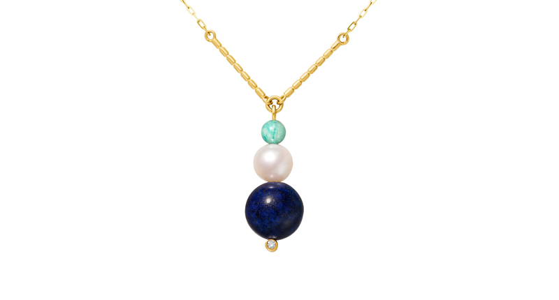 Aimée.Aimer’s 18-karat yellow gold necklace with lapis, pearl, amazonite and diamond ($1,300)