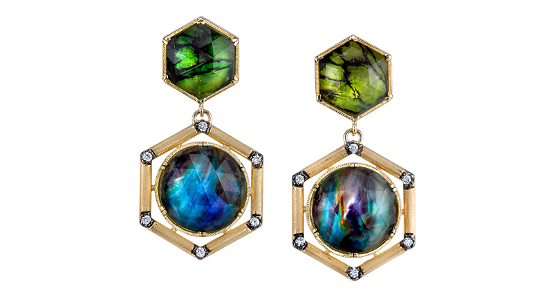 18-karat yellow gold earrings with peridot-colored butterfly wing patterns, abalone Spencer Portrait gems and 12 diamonds ($5,500) 18-karat yellow gold earrings with peridot-colored butterfly wing patterns, abalone Spencer Portrait gems and 12 diamonds ($5,500)