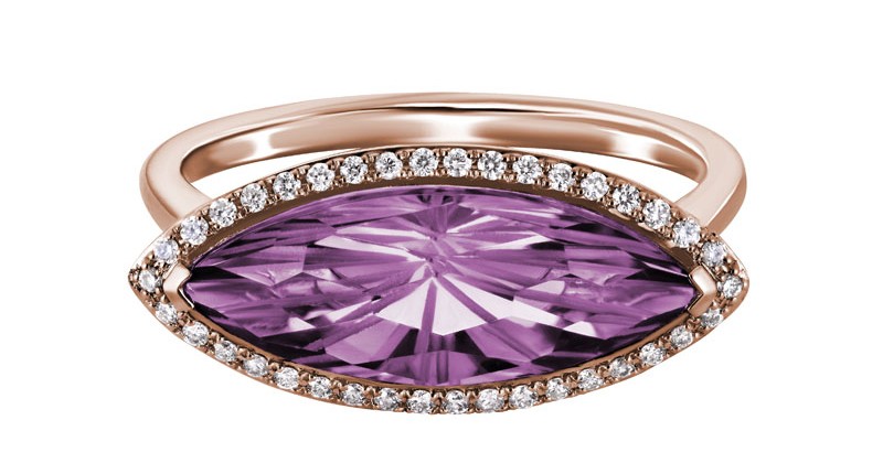 <p><a href="https://www.artistrylimited.com/products/gr880" target="_blank" rel="noopener">Artistry, Ltd.</a> “Sunburst Collection” 14-karat rose gold ring with a marquise amethyst and diamond halo ($890)  </p>