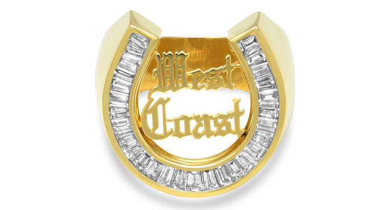 Established West Coast diamond horseshoe ring in 18-karat yellow gold with baguette diamonds ($7,700)