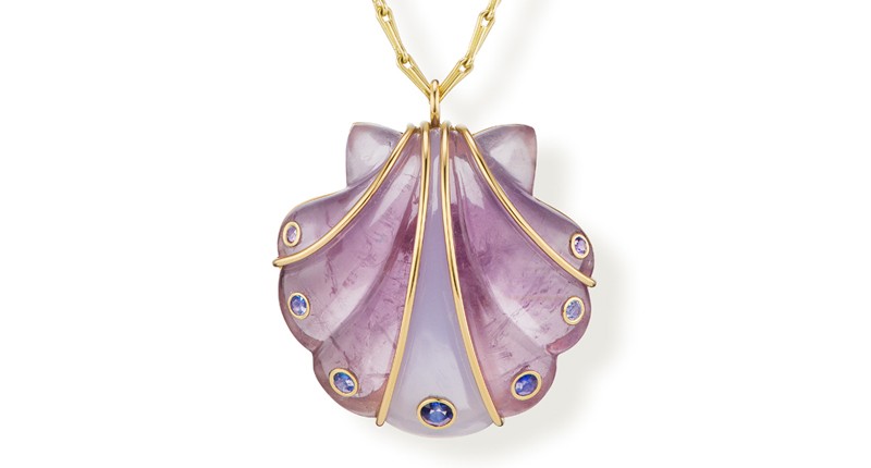 <p><a href="https://www.brentneale.com" target="_blank" rel="noopener">Brent Neale</a> amethyst shell mini carved stone pendant with blue chalcedony in 18-karat yellow gold ($4,650) </p>