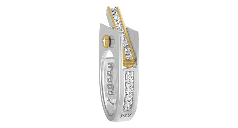 <a href="http://www.julielambny.com" target="_blank" rel="noopener noreferrer">Julie Lamb</a> “The Entrepreneur” ring in 18-karat white and yellow gold with baguette diamonds ($9,000) with a tilting diamond bar