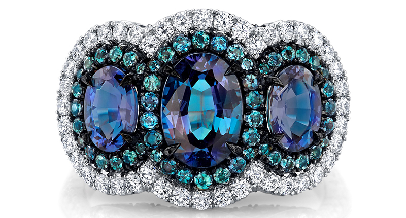 <p><a href="http://www.omiprive.com" target="_blank" rel="noopener">Omi Privé</a> three-stone alexandrite ring surrounded by round diamonds and alexandrites set in platinum with black rhodium accents ($72,000) </p> <p><a href="http://www.omiprive.com" target="_blank" rel="noopener">Omi Privé</a> three-stone alexandrite ring surrounded by round diamonds and alexandrites set in platinum with black rhodium accents ($72,000) </p>