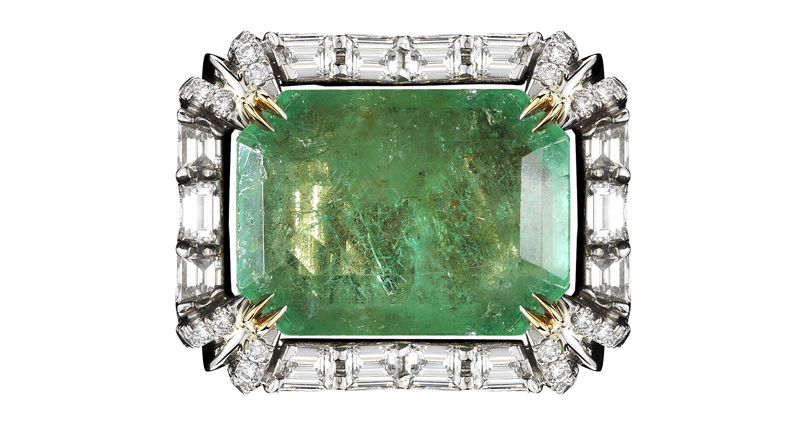 <a href="http://www.alexandramor.com" target="_blank" rel="noopener noreferrer">Alexandra Mor </a>one-of-a-kind ring featuring a 5-carat emerald with floating diamond melee set in platinum on an 18-karat yellow gold band (price available upon request)