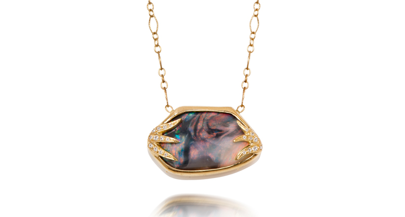 <strong>October: Opal.</strong> Just Jules’ black opal pendant with diamond flames set in 14-karat gold ($4,075)