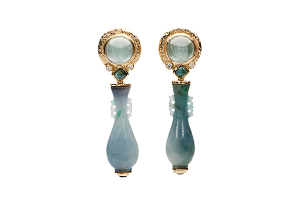 These 18-karat yellow gold earrings feature aquamarine, blue spinel, diamonds and removable Burmese blue jade dangles ($15,000) These 18-karat yellow gold earrings feature aquamarine, blue spinel, diamonds and removable Burmese blue jade dangles ($15,000)
