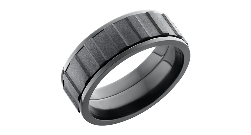 <a href="http://www.lashbrookdesigns.com" target="_blank" rel="noopener noreferrer">Lashbrook’s</a> flat zirconium band with spinning inlay ($657)