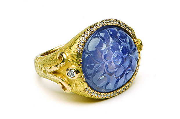This 18-karat yellow gold and carved sapphire ring is accented with diamonds ($30,000) This 18-karat yellow gold and carved sapphire ring is accented with diamonds ($30,000)